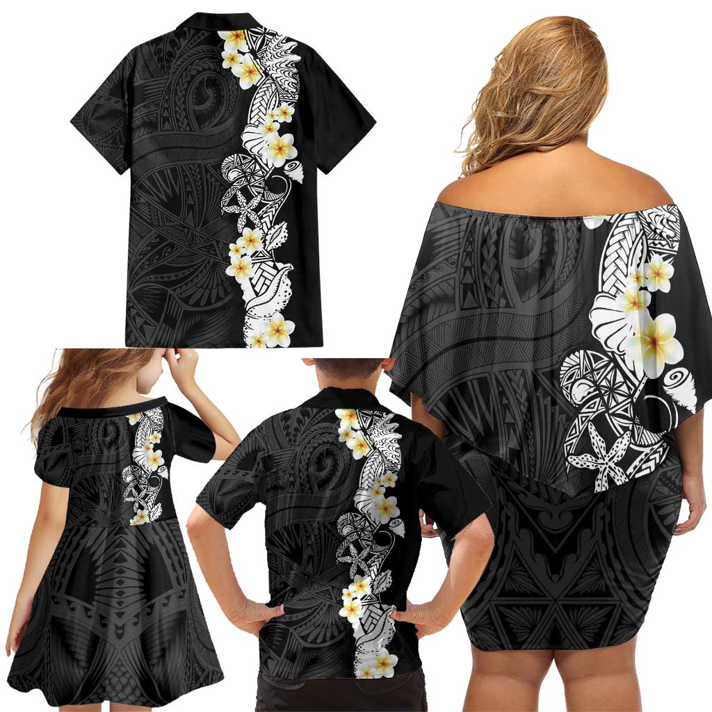 Black Samoa Tattoo Family Matching Off Shoulder Short Dress and Hawaiian Shirt Plumeria Samoan Ocean Tatau Pattern - Polynesian Pride