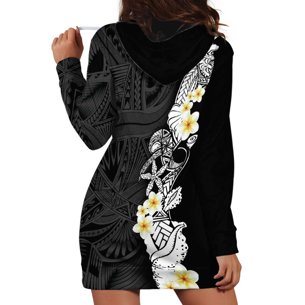 Black Samoa Tattoo Hoodie Dress Plumeria Samoan Ocean Tatau Pattern - Polynesian Pride