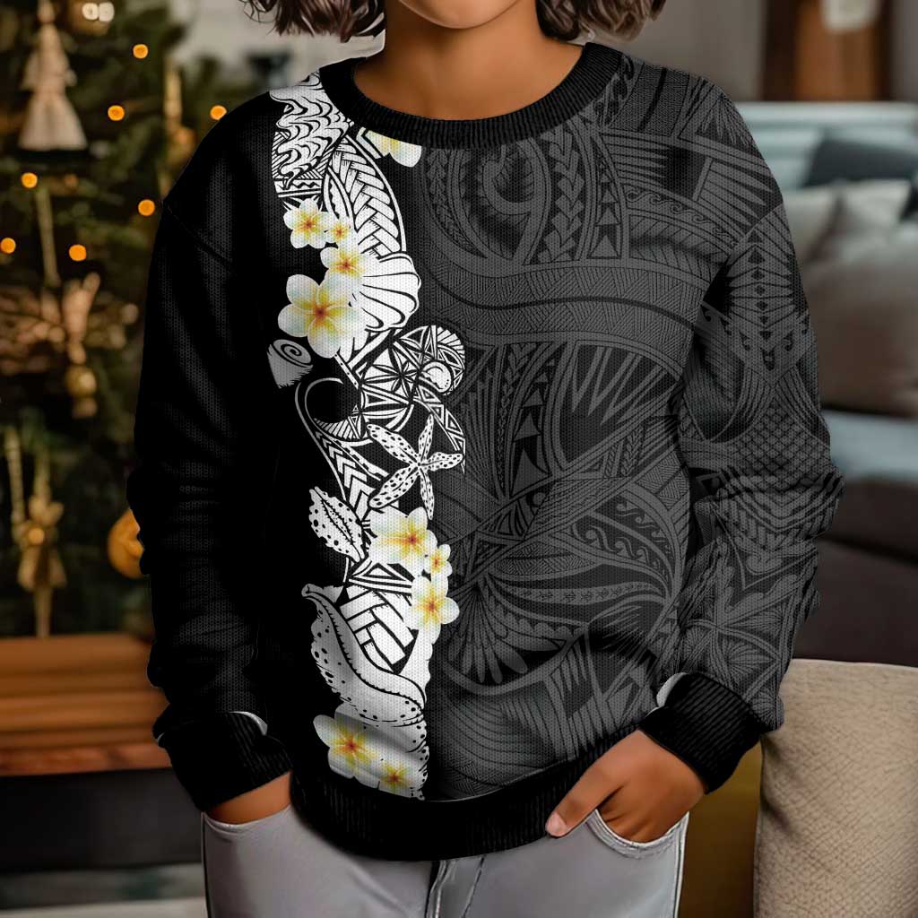 Black Samoa Tattoo Kid Ugly Christmas Sweater Plumeria Samoan Ocean Tatau Pattern - Polynesian Pride