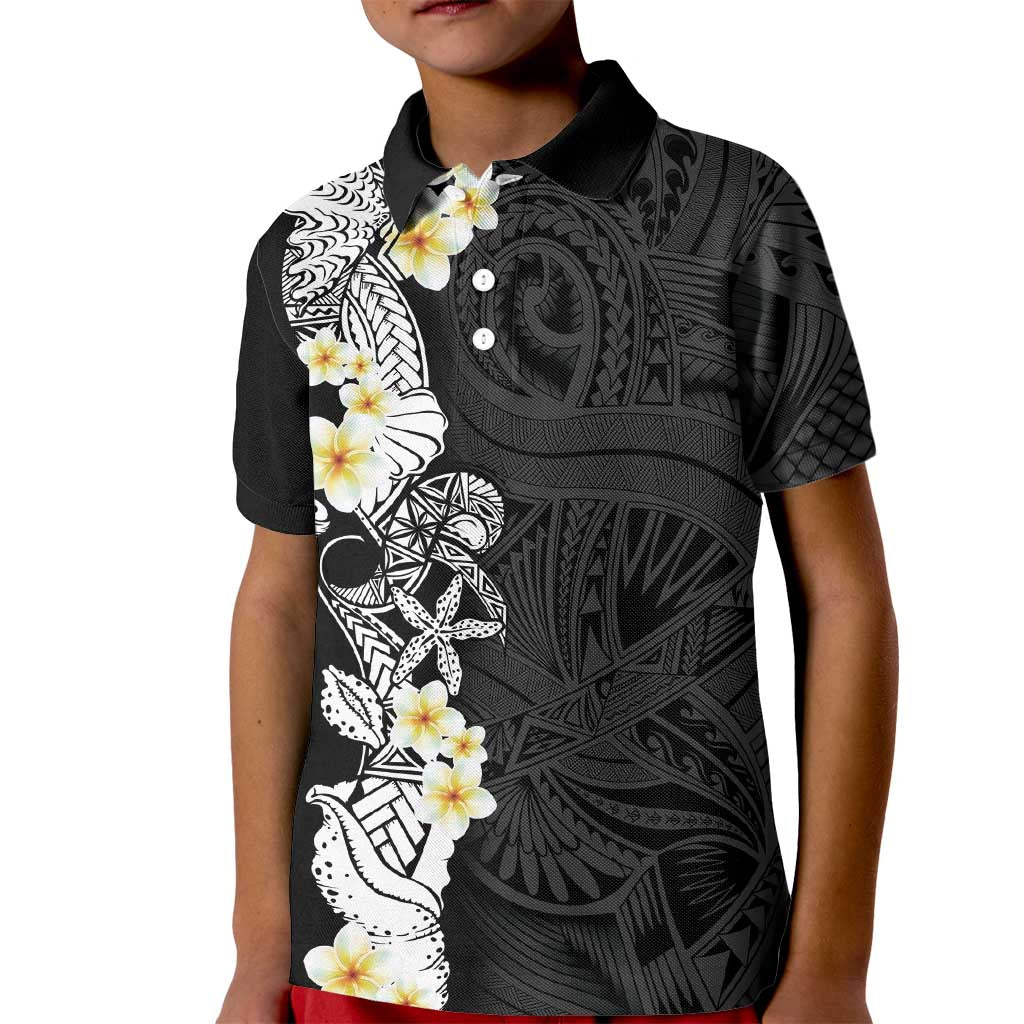 Black Samoa Tattoo Kid Polo Shirt Plumeria Samoan Ocean Tatau Pattern LT14 Kid Black - Polynesian Pride