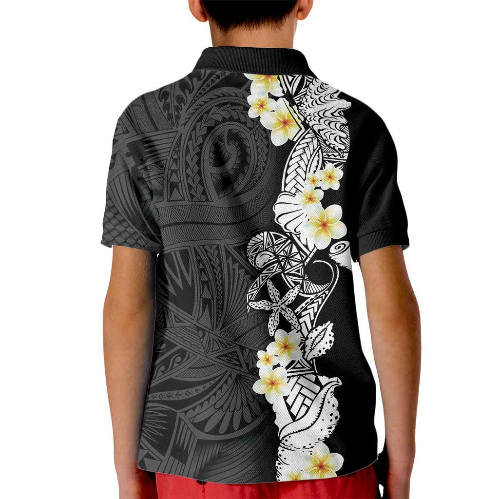 Black Samoa Tattoo Kid Polo Shirt Plumeria Samoan Ocean Tatau Pattern LT14 - Polynesian Pride