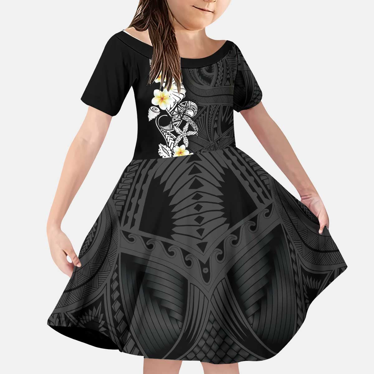 Black Samoa Tattoo Kid Short Sleeve Dress Plumeria Samoan Ocean Tatau Pattern LT14 KID Black - Polynesian Pride