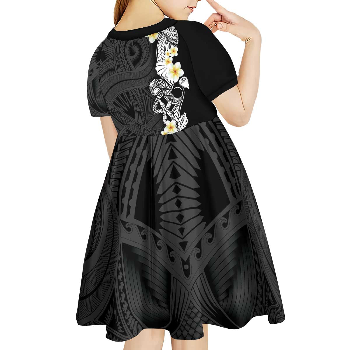 Black Samoa Tattoo Kid Short Sleeve Dress Plumeria Samoan Ocean Tatau Pattern LT14 - Polynesian Pride