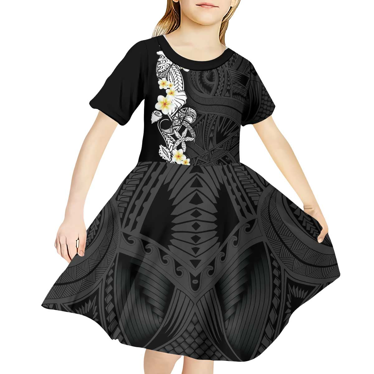 Black Samoa Tattoo Kid Short Sleeve Dress Plumeria Samoan Ocean Tatau Pattern LT14 - Polynesian Pride