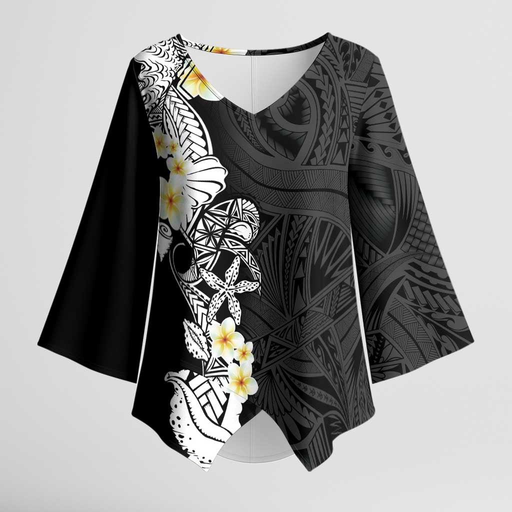 Black Samoa Tattoo Kimono Sleeve Blouse Plumeria Samoan Ocean Tatau Pattern LT14 Female Black - Polynesian Pride