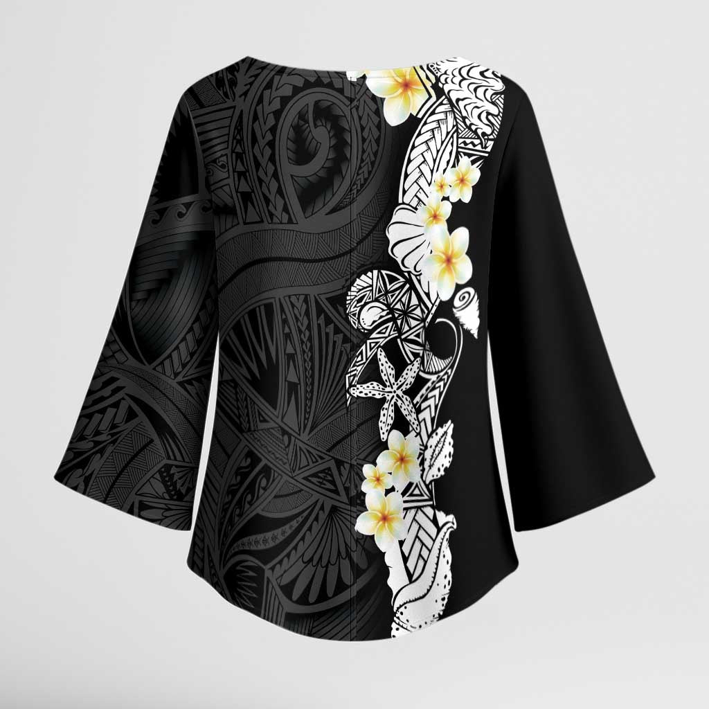 Black Samoa Tattoo Kimono Sleeve Blouse Plumeria Samoan Ocean Tatau Pattern LT14 - Polynesian Pride