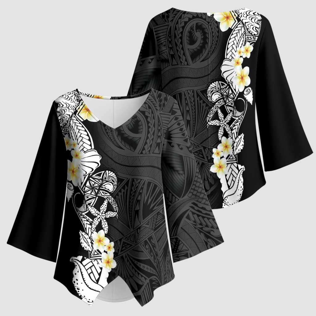 Black Samoa Tattoo Kimono Sleeve Blouse Plumeria Samoan Ocean Tatau Pattern LT14 - Polynesian Pride