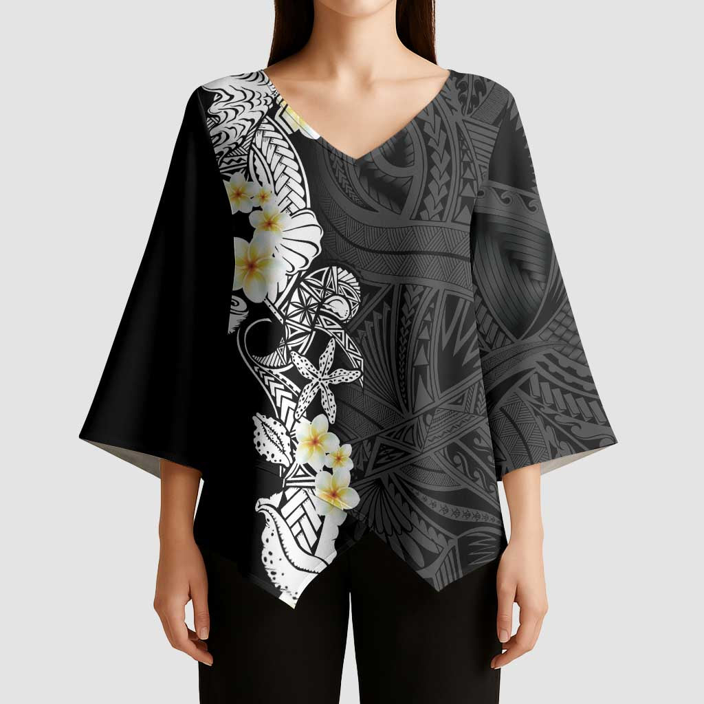 Black Samoa Tattoo Kimono Sleeve Blouse Plumeria Samoan Ocean Tatau Pattern LT14 - Polynesian Pride