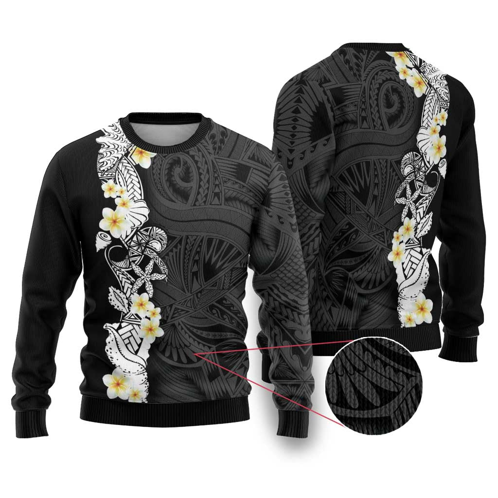 Black Samoa Tattoo Ugly Christmas Sweater Plumeria Samoan Ocean Tatau Pattern - Polynesian Pride