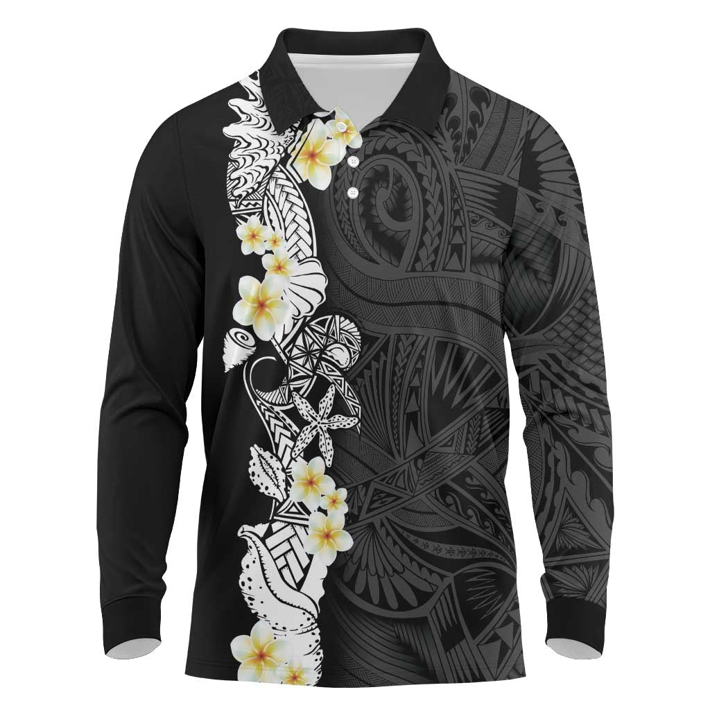 Black Samoa Tattoo Long Sleeve Polo Shirt Plumeria Samoan Ocean Tatau Pattern LT14 Black - Polynesian Pride