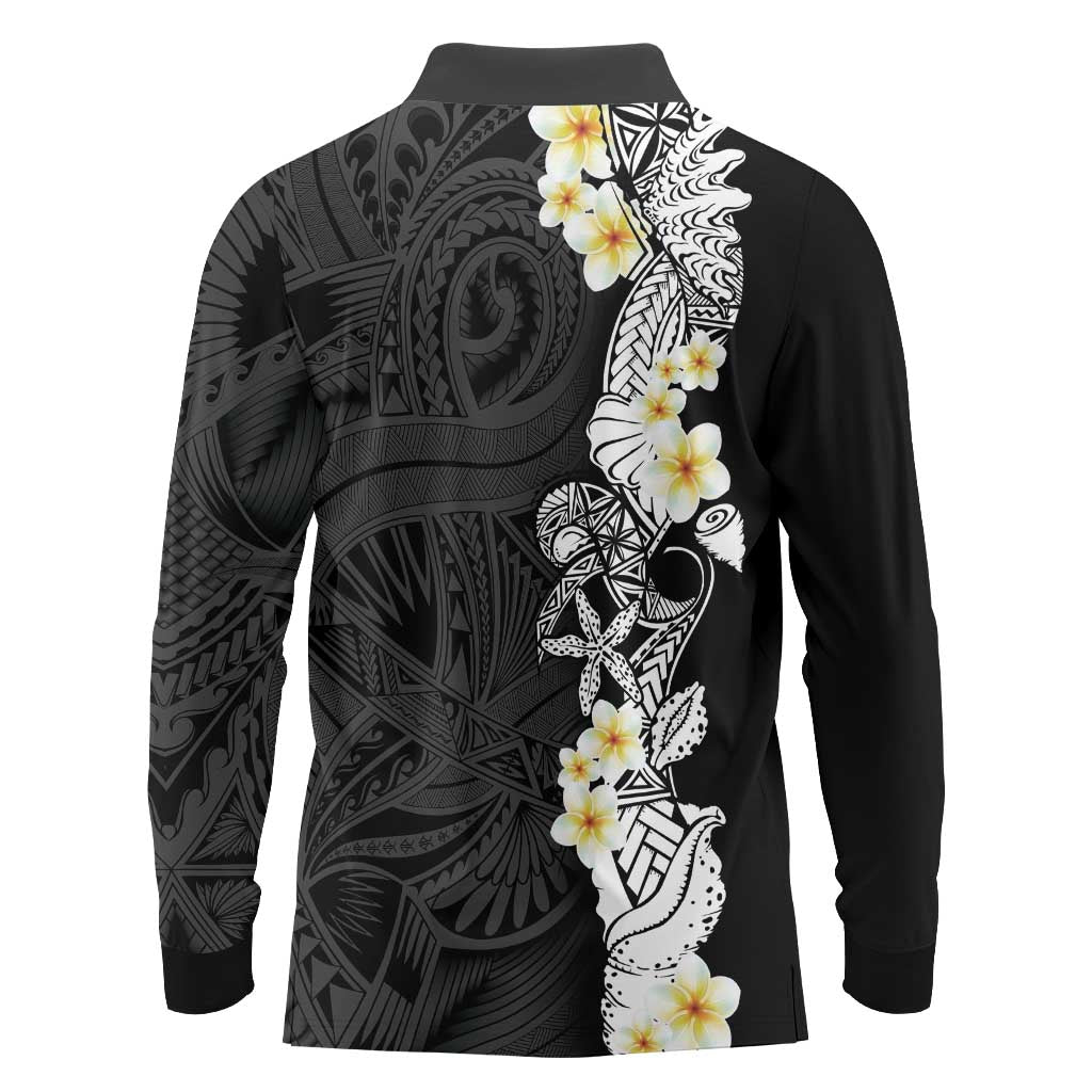 Black Samoa Tattoo Long Sleeve Polo Shirt Plumeria Samoan Ocean Tatau Pattern LT14 - Polynesian Pride