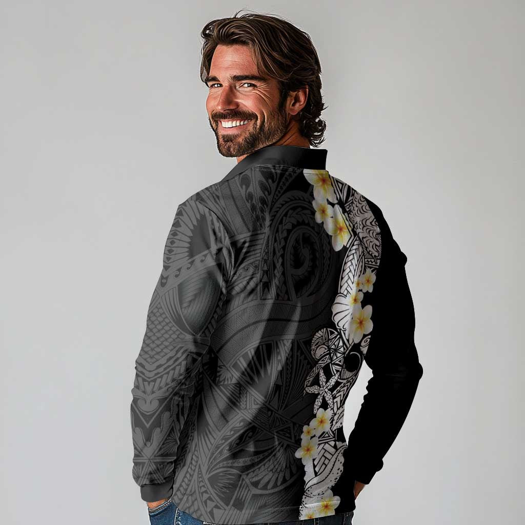 Black Samoa Tattoo Long Sleeve Polo Shirt Plumeria Samoan Ocean Tatau Pattern LT14 - Polynesian Pride