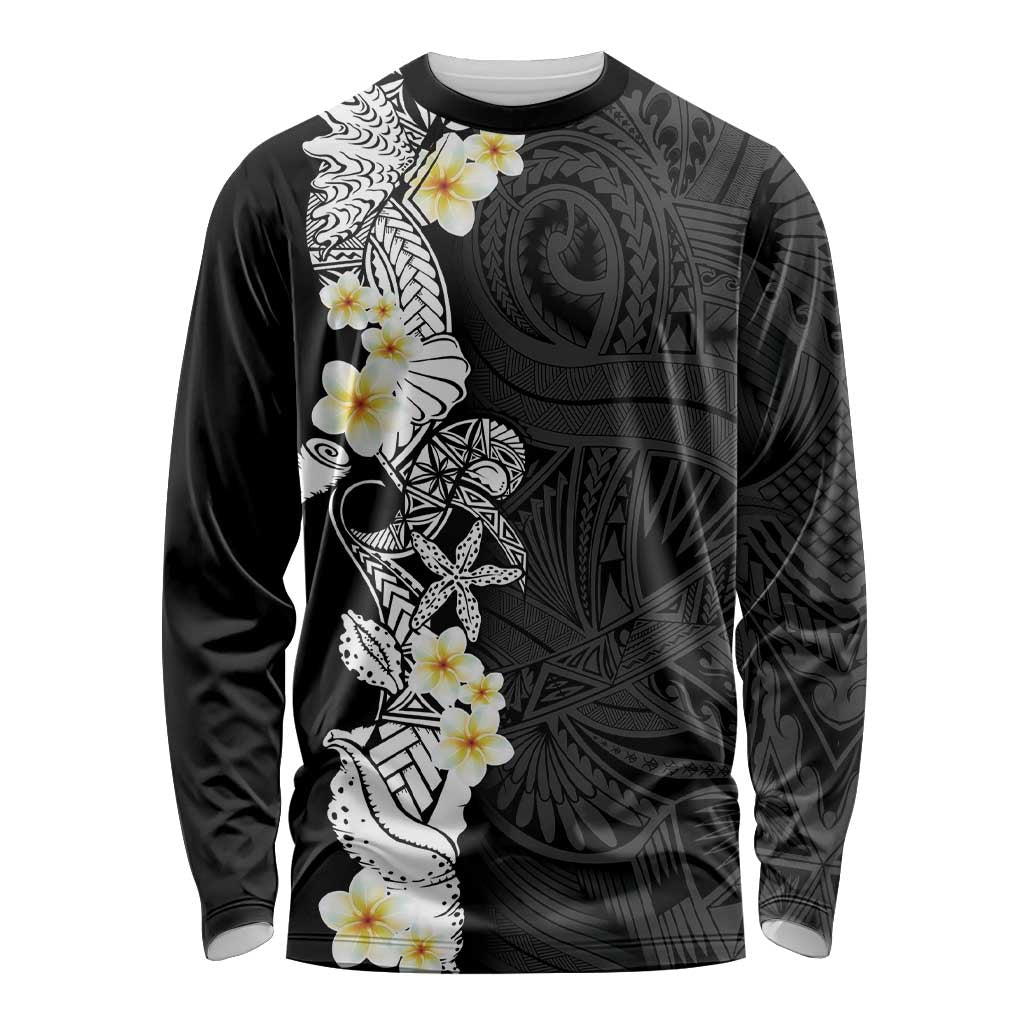 Black Samoa Tattoo Long Sleeve Shirt Plumeria Samoan Ocean Tatau Pattern LT14 Unisex Black - Polynesian Pride