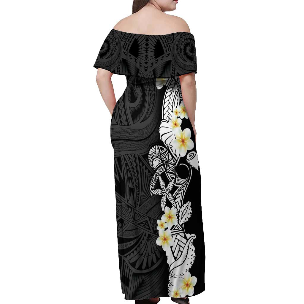 Black Samoa Tattoo Off Shoulder Maxi Dress Plumeria Samoan Ocean Tatau Pattern - Polynesian Pride