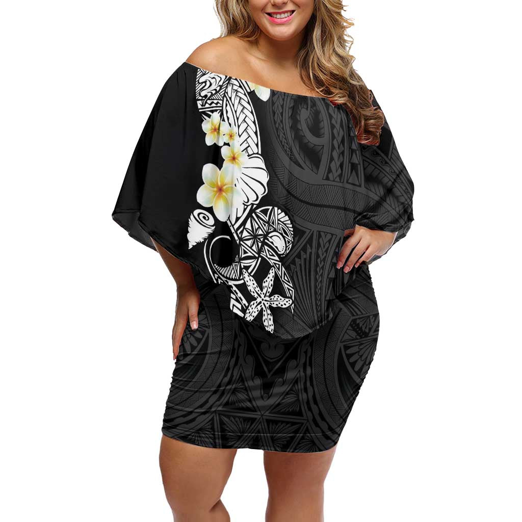 Black Samoa Tattoo Off Shoulder Short Dress Plumeria Samoan Ocean Tatau Pattern - Polynesian Pride
