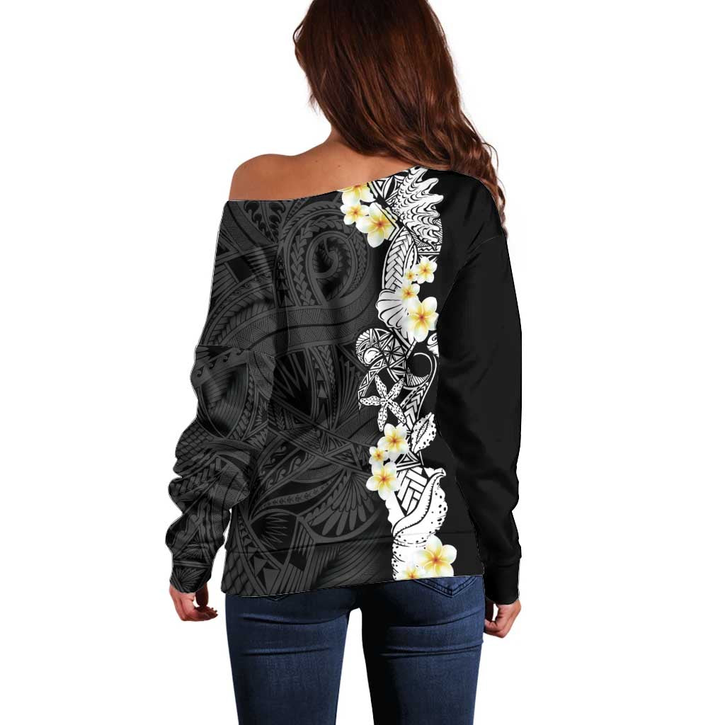 Black Samoa Tattoo Off Shoulder Sweater Plumeria Samoan Ocean Tatau Pattern - Polynesian Pride