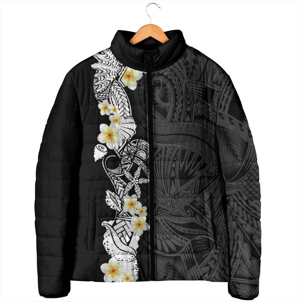 Black Samoa Tattoo Padded Jacket Plumeria Samoan Ocean Tatau Pattern LT14 - Polynesian Pride