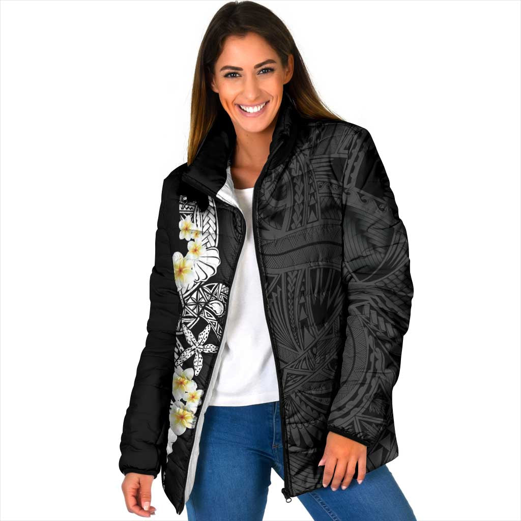 Black Samoa Tattoo Padded Jacket Plumeria Samoan Ocean Tatau Pattern LT14 Women Black - Polynesian Pride
