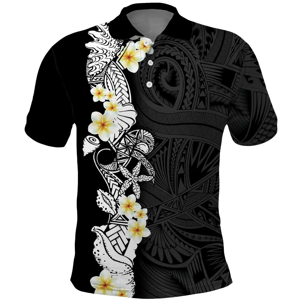 Black Samoa Tattoo Polo Shirt Plumeria Samoan Ocean Tatau Pattern - Polynesian Pride