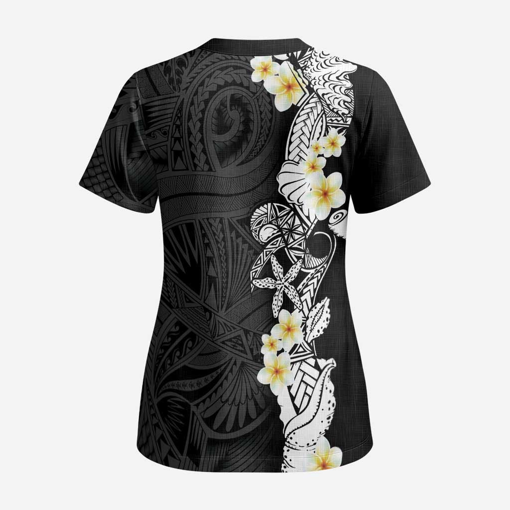 Black Samoa Tattoo Scrub Top Plumeria Samoan Ocean Tatau Pattern LT14 - Polynesian Pride