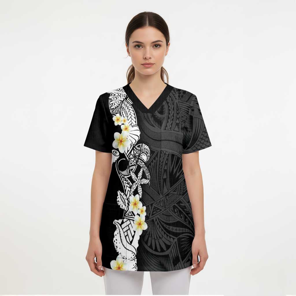 Black Samoa Tattoo Scrub Top Plumeria Samoan Ocean Tatau Pattern LT14 - Polynesian Pride