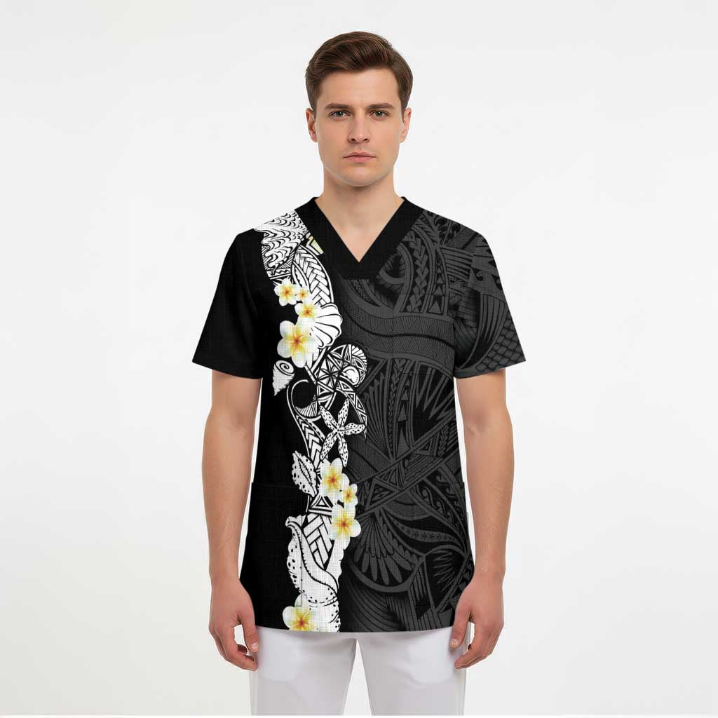 Black Samoa Tattoo Scrub Top Plumeria Samoan Ocean Tatau Pattern LT14 - Polynesian Pride