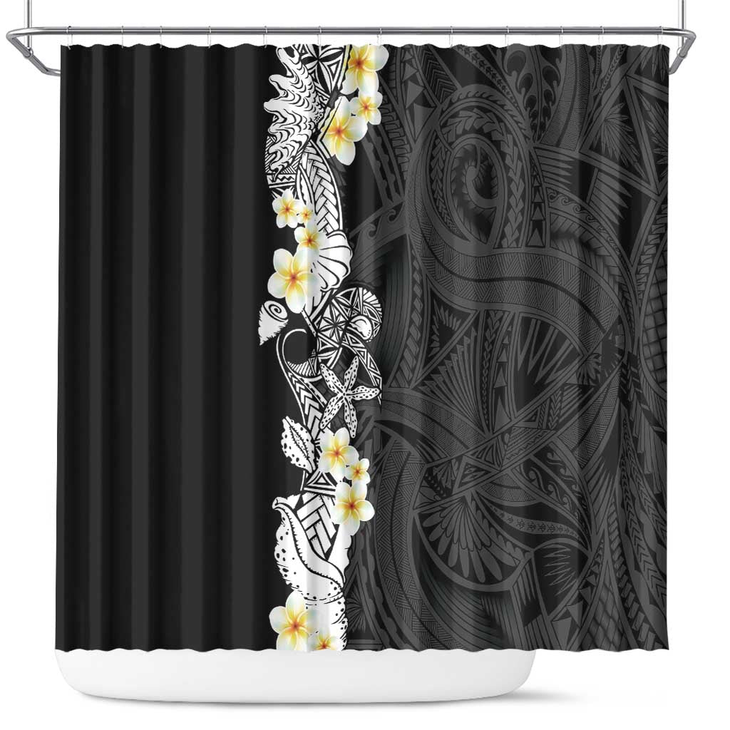 Black Samoa Tattoo Shower Curtain Plumeria Samoan Ocean Tatau Pattern - Polynesian Pride