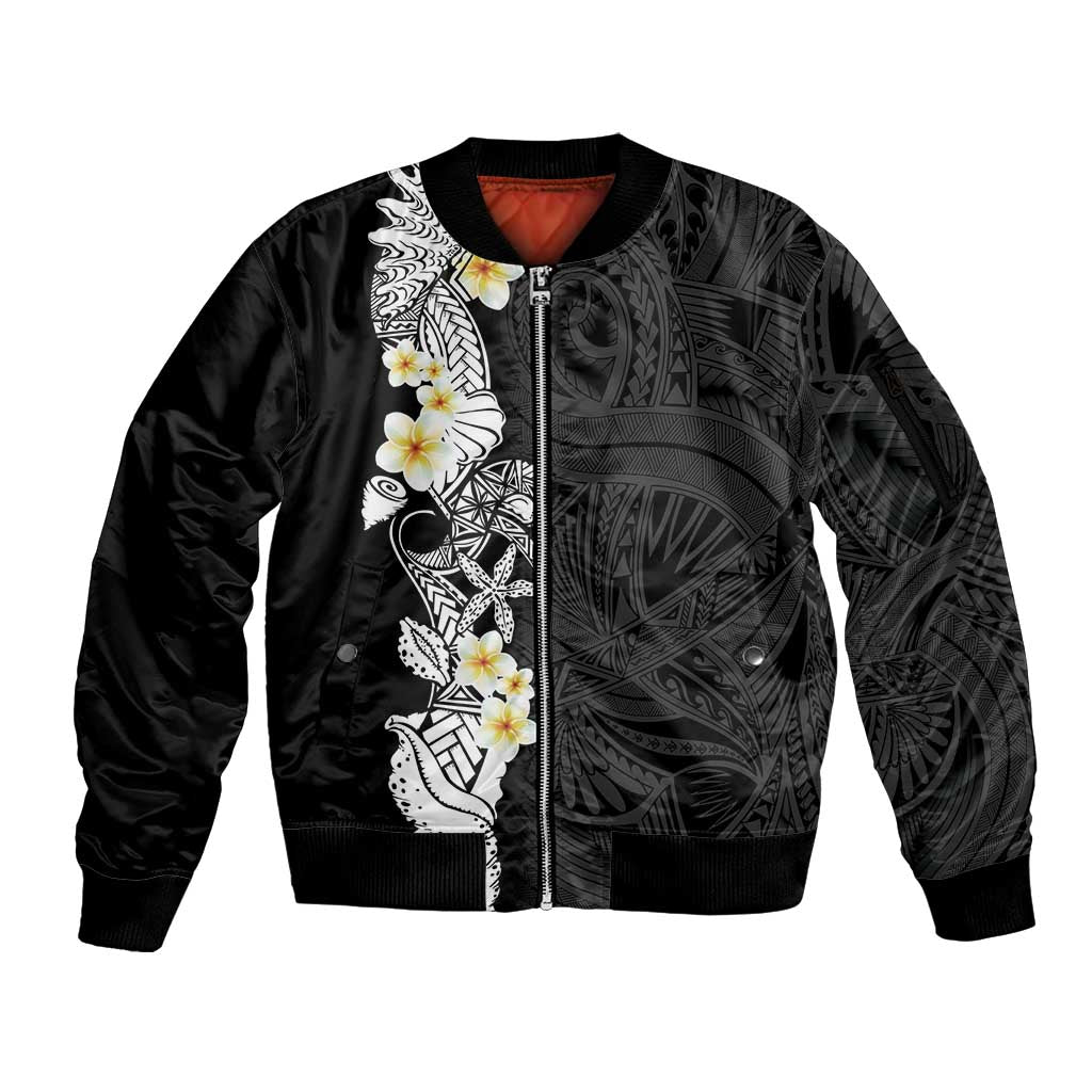 Black Samoa Tattoo Sleeve Zip Bomber Jacket Plumeria Samoan Ocean Tatau Pattern LT14 Unisex Black - Polynesian Pride