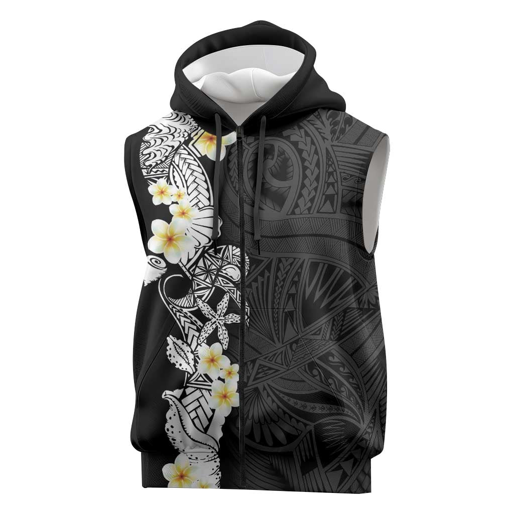 Black Samoa Tattoo Sleeveless Zip Hoodie Plumeria Samoan Ocean Tatau Pattern LT14 Black - Polynesian Pride