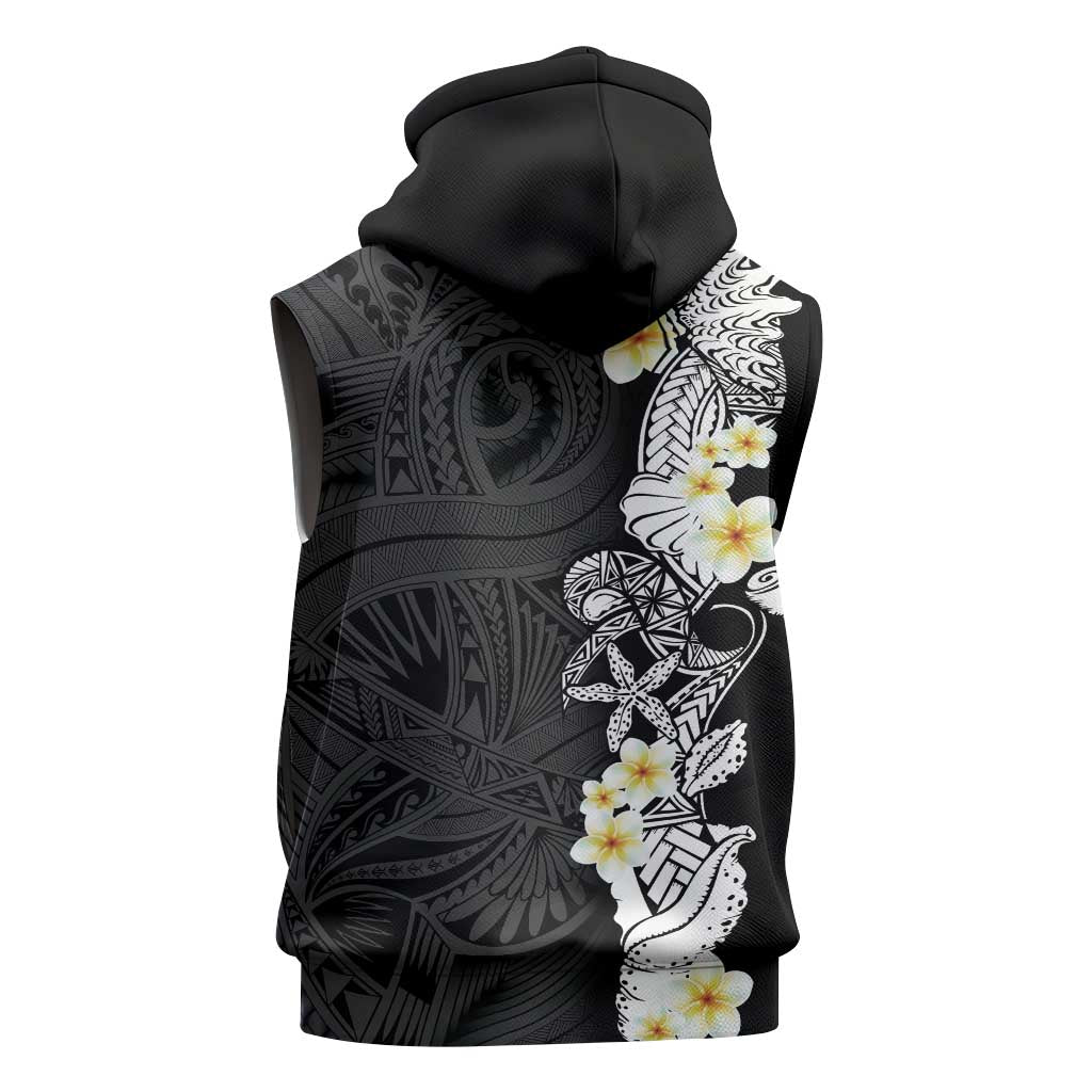 Black Samoa Tattoo Sleeveless Zip Hoodie Plumeria Samoan Ocean Tatau Pattern LT14 - Polynesian Pride