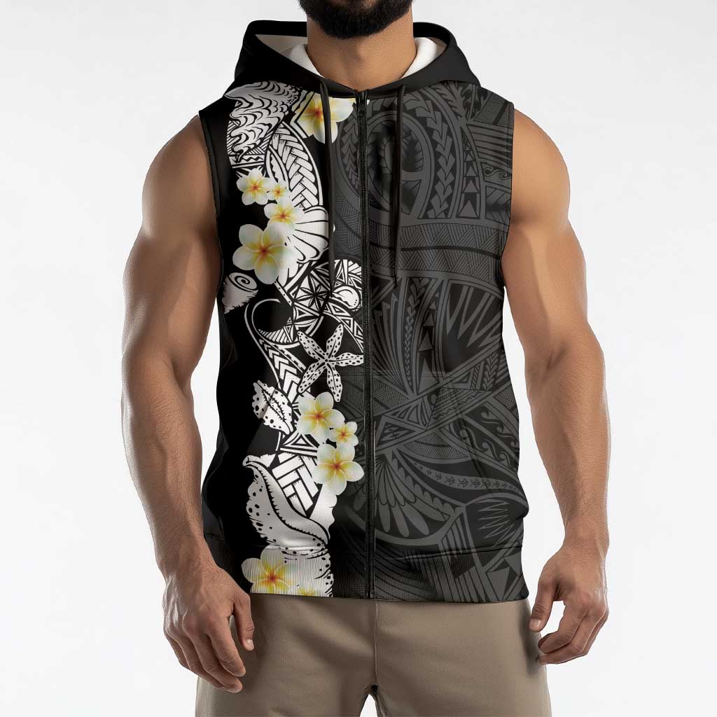 Black Samoa Tattoo Sleeveless Zip Hoodie Plumeria Samoan Ocean Tatau Pattern LT14 - Polynesian Pride