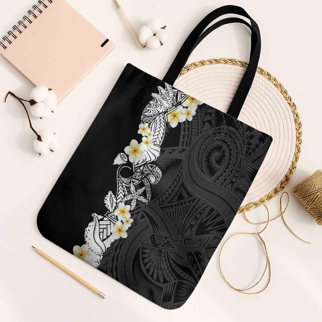 Black Samoa Tattoo Tote Bag Plumeria Samoan Ocean Tatau Pattern - Polynesian Pride