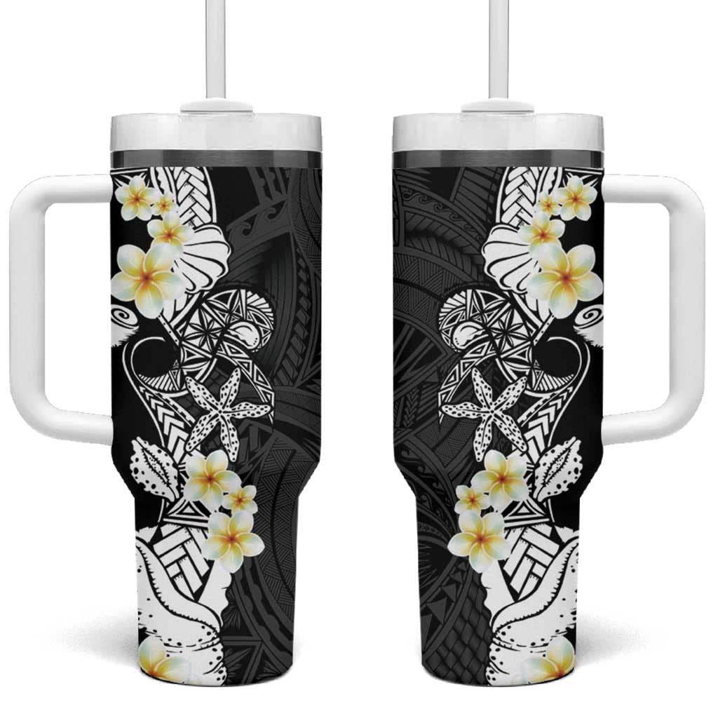 Black Samoa Tattoo Tumbler With Handle Plumeria Samoan Ocean Tatau Pattern - Polynesian Pride