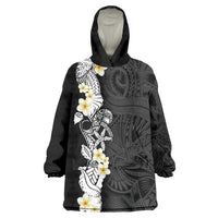 Black Samoa Tattoo Wearable Blanket Hoodie Plumeria Samoan Ocean Tatau Pattern LT14 One Size Black - Polynesian Pride