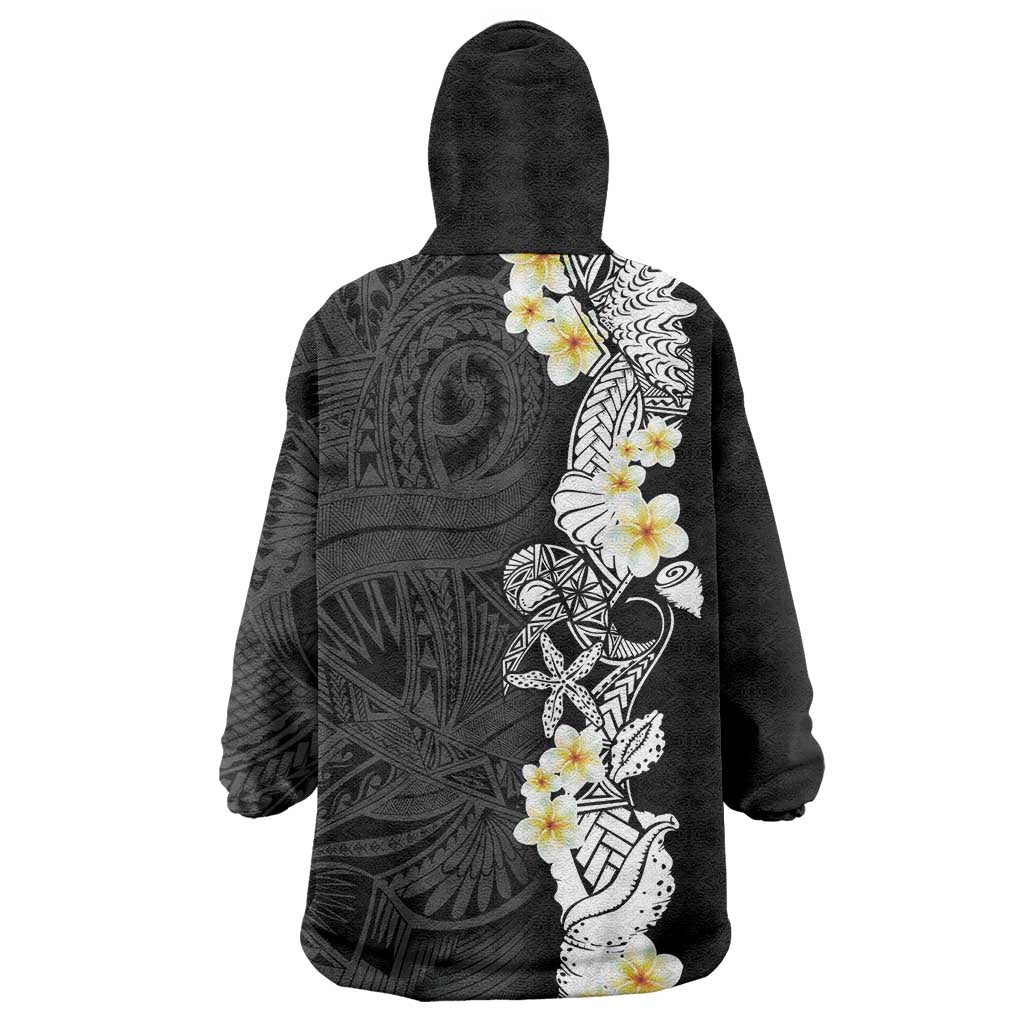 Black Samoa Tattoo Wearable Blanket Hoodie Plumeria Samoan Ocean Tatau Pattern LT14 - Polynesian Pride