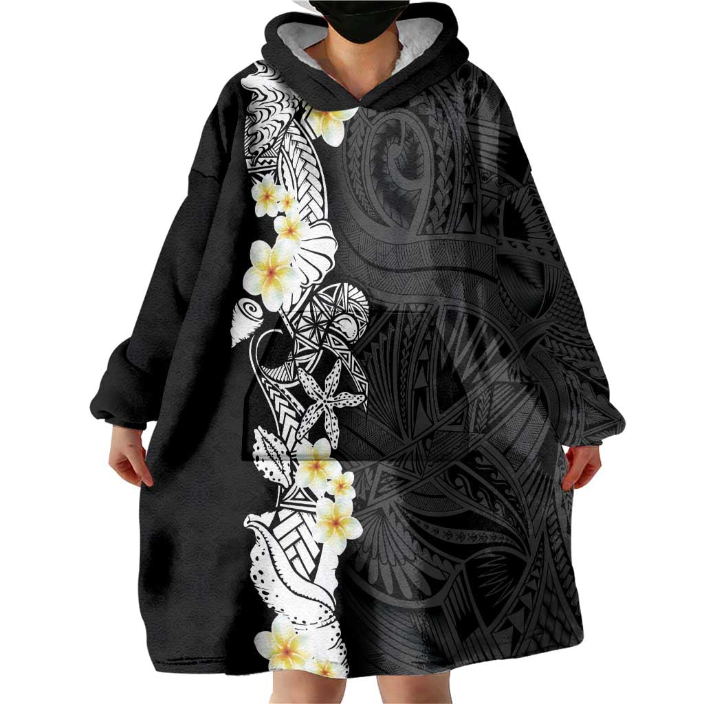 Black Samoa Tattoo Wearable Blanket Hoodie Plumeria Samoan Ocean Tatau Pattern LT14 - Polynesian Pride