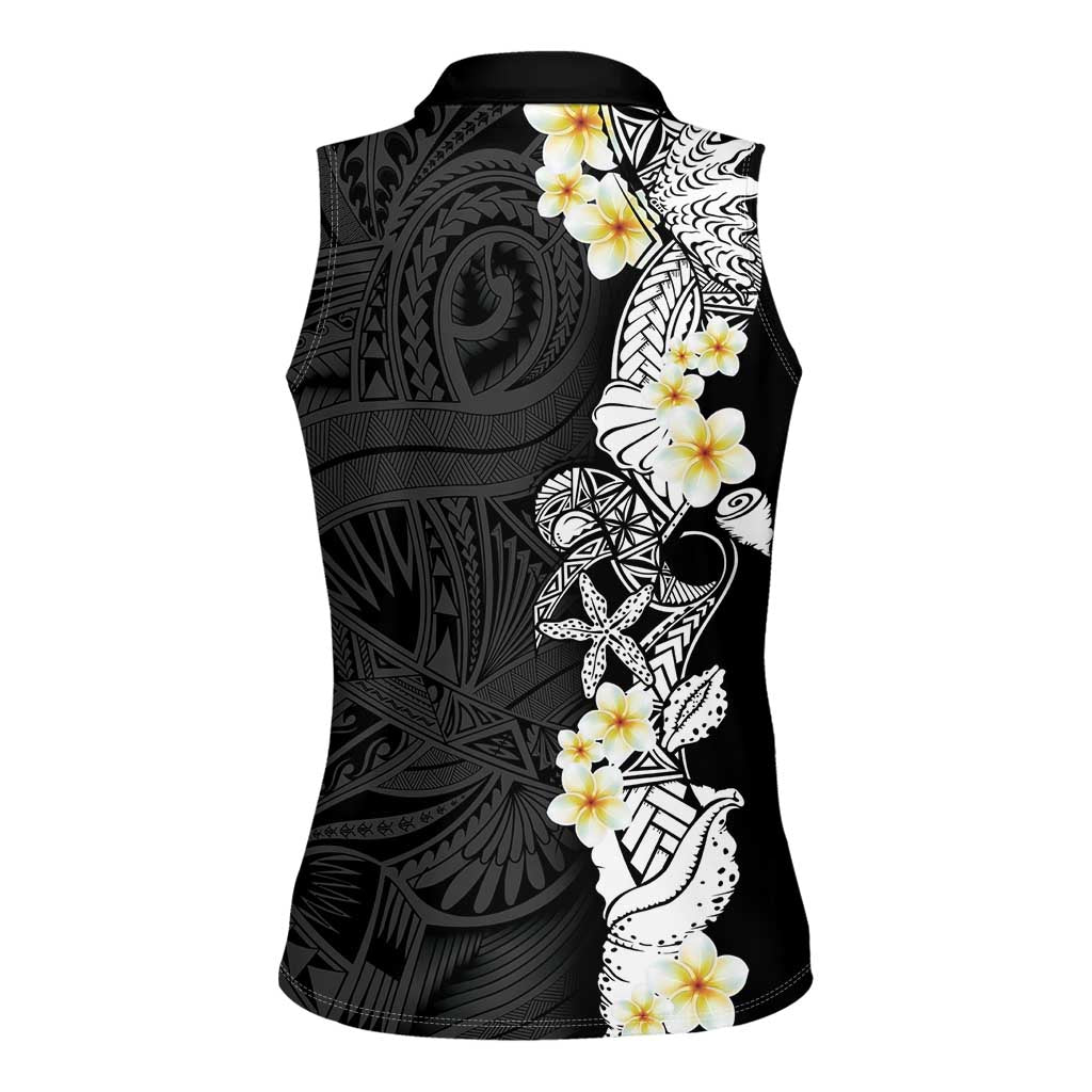Black Samoa Tattoo Women Sleeveless Polo Shirt Plumeria Samoan Ocean Tatau Pattern LT14 - Polynesian Pride