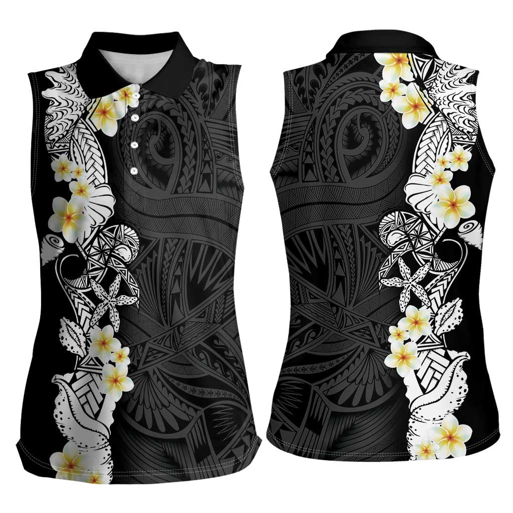 Black Samoa Tattoo Women Sleeveless Polo Shirt Plumeria Samoan Ocean Tatau Pattern LT14 - Polynesian Pride