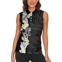 Black Samoa Tattoo Women Sleeveless Polo Shirt Plumeria Samoan Ocean Tatau Pattern LT14 - Polynesian Pride