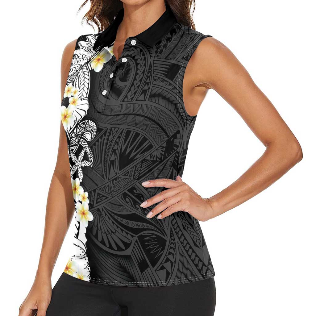 Black Samoa Tattoo Women Sleeveless Polo Shirt Plumeria Samoan Ocean Tatau Pattern LT14 - Polynesian Pride