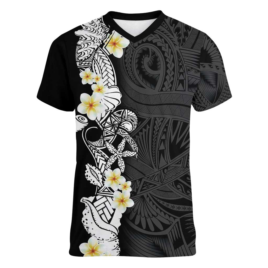 Black Samoa Tattoo Women V-Neck T-Shirt Plumeria Samoan Ocean Tatau Pattern - Polynesian Pride