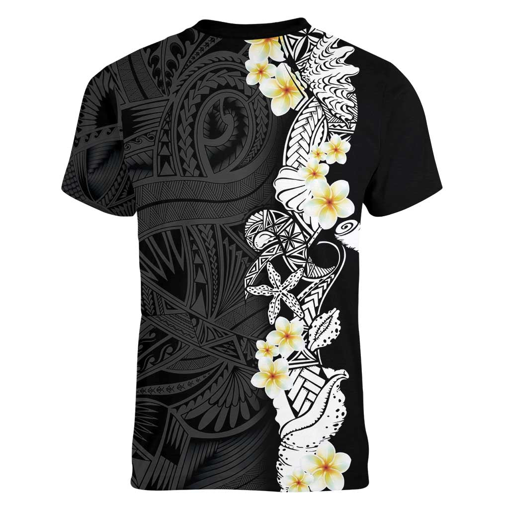 Black Samoa Tattoo Women V-Neck T-Shirt Plumeria Samoan Ocean Tatau Pattern - Polynesian Pride