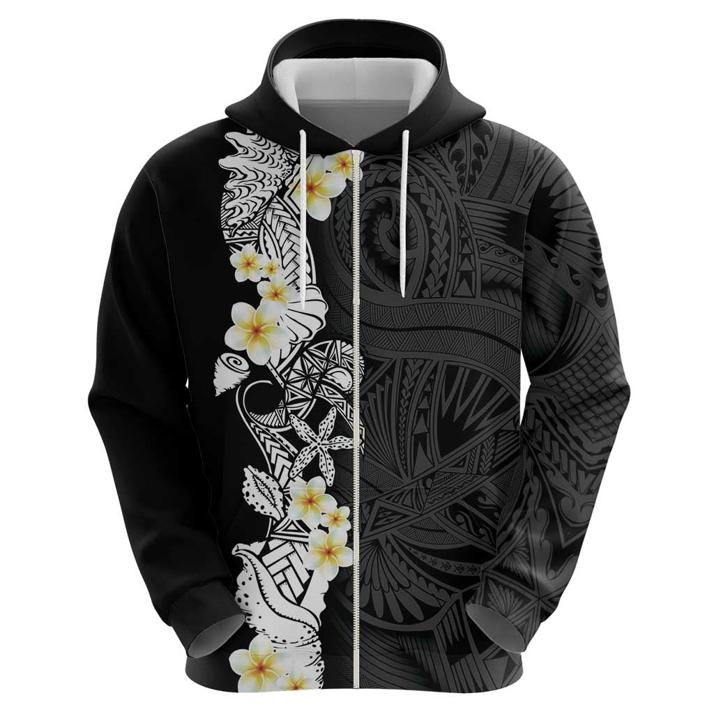 Black Samoa Tattoo Zip Hoodie Plumeria Samoan Ocean Tatau Pattern LT14 - Polynesian Pride