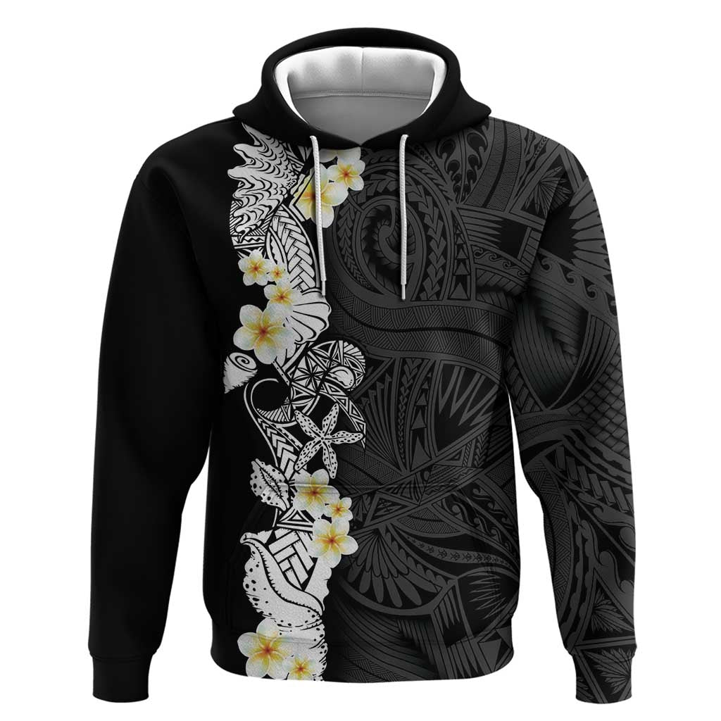 Black Samoa Tattoo Zip Hoodie Plumeria Samoan Ocean Tatau Pattern LT14 Pullover Hoodie Black - Polynesian Pride