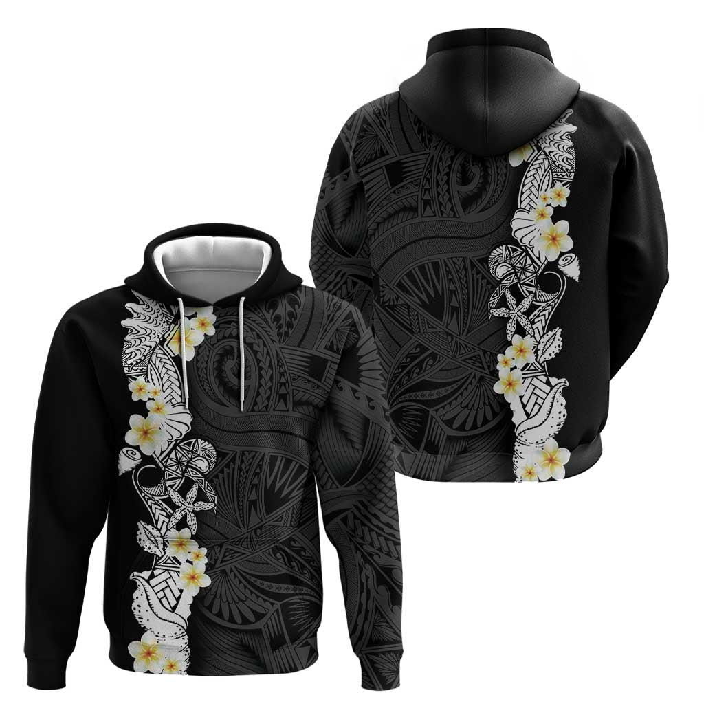 Black Samoa Tattoo Zip Hoodie Plumeria Samoan Ocean Tatau Pattern LT14 - Polynesian Pride