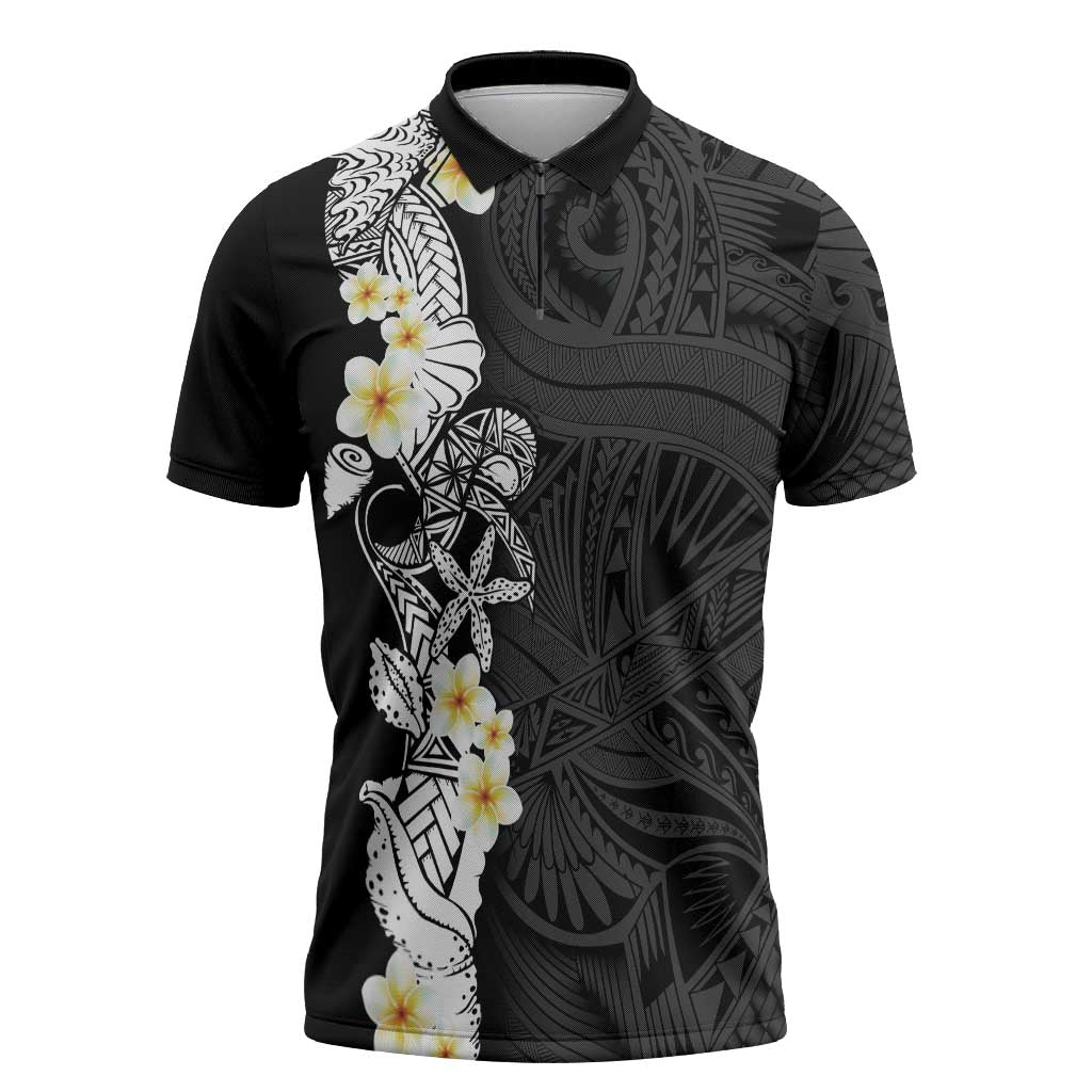 Black Samoa Tattoo Zipper Polo Shirt Plumeria Samoan Ocean Tatau Pattern LT14 Black - Polynesian Pride