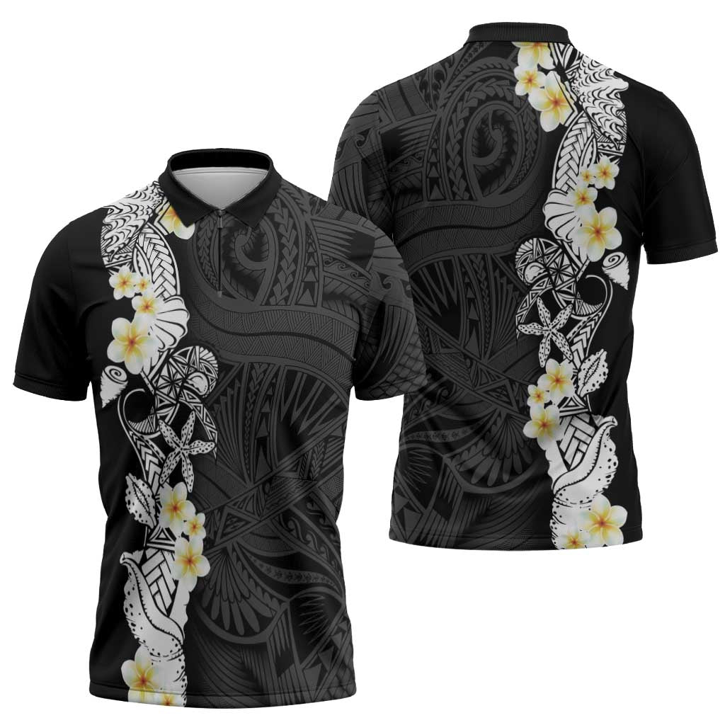 Black Samoa Tattoo Zipper Polo Shirt Plumeria Samoan Ocean Tatau Pattern LT14 - Polynesian Pride