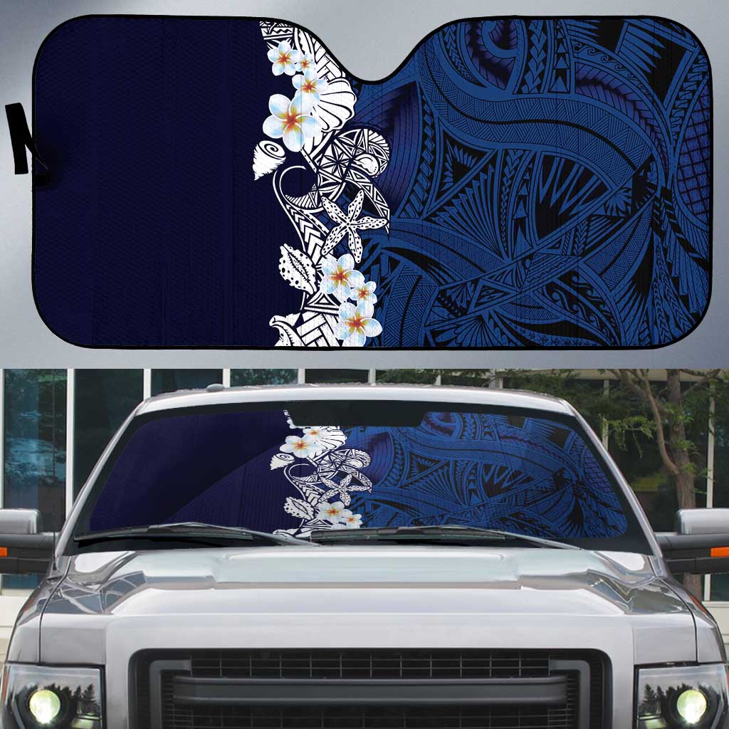 Blue Samoa Tattoo Auto Sun Shade Plumeria Samoan Ocean Tatau Pattern - Polynesian Pride