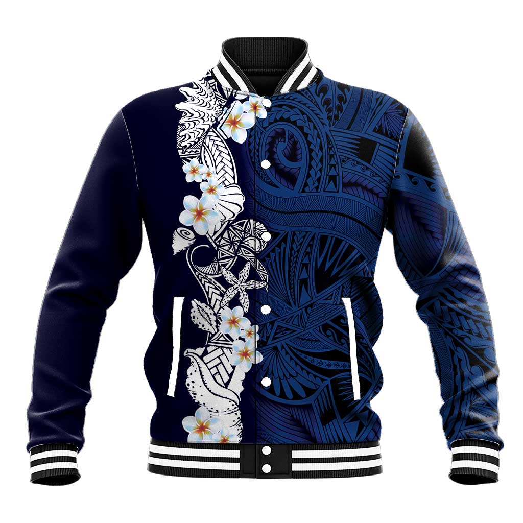 Blue Samoa Tattoo Baseball Jacket Plumeria Samoan Ocean Tatau Pattern LT14 Unisex Blue - Polynesian Pride