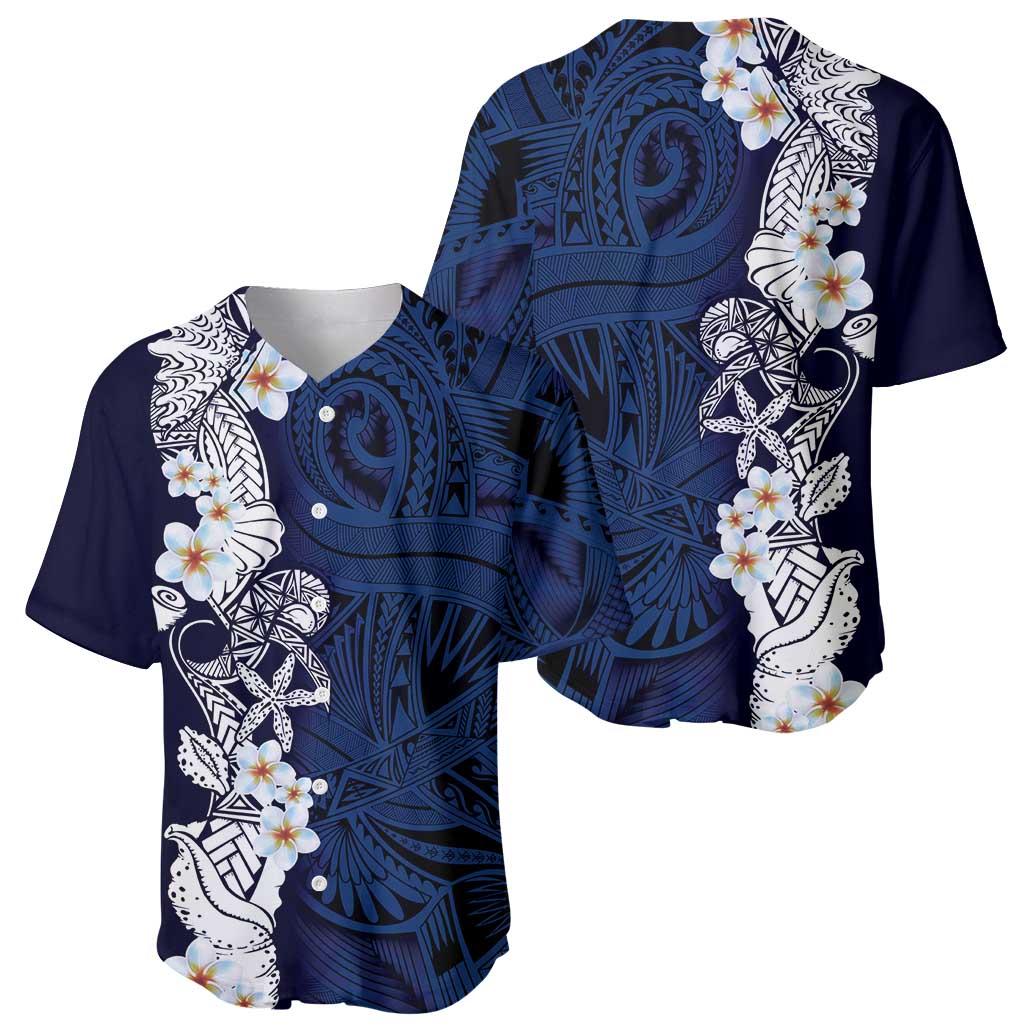 Blue Samoa Tattoo Baseball Jersey Plumeria Samoan Ocean Tatau Pattern - Polynesian Pride